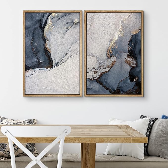 SIGNWIN Framed Canvas Print Wall Art Set Pastel Watercolor Blue Smoke Waves Abstract Shapes Illustration Modern Art Minimalism Decorative Nordic for Living Room, Bedroom, Office - 24"x36"x2 Natural