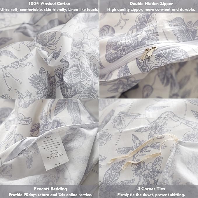 ECOCOTT Vintage Flower Duvet Cover Set, 100% Cotton Floral Pattern Duvet Cover Queen Size - Breathable Durable Soft Comfy Quilt Cover Queen Size