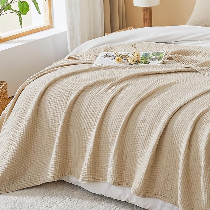 EMME Cotton Muslin Large Throw Blanket Couch Breathable Gauze Soft Lightweight Bed Blankets Adults (Beige, 50"x70")
