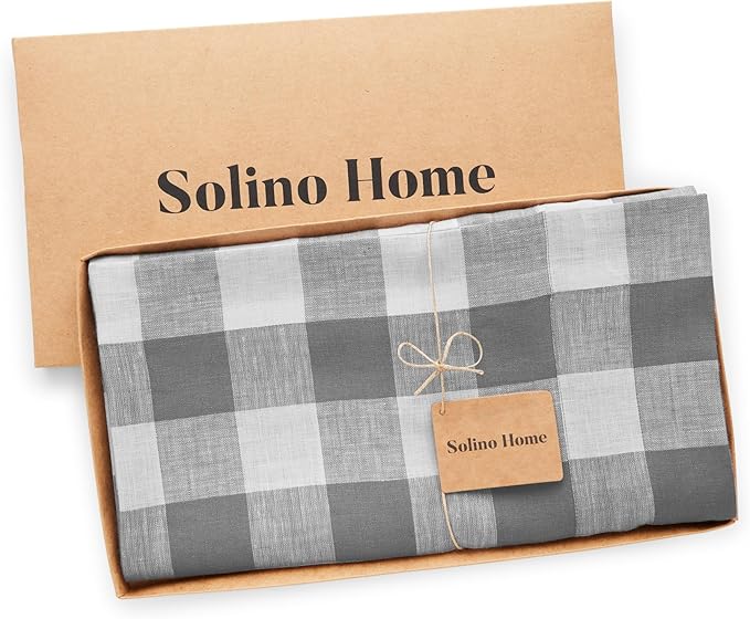Solino Home Linen Checkered Tablecloth 60 x 108 Inch - 100% Pure Linen Grey and White Buffalo Plaid Table Cloth for Rectangle Tables - Machine Washable Tablecloth for Fall, Thanksgiving, Holiday