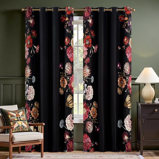 JINCHAN Hannah Floral Blackout Curtains with Retro Vintage Flower Print Drapes for Bedroom Living Room Fall Decor Winter Window Curtains Room Darkening 84 Inches Length 2 Panels Set with Grommet Black