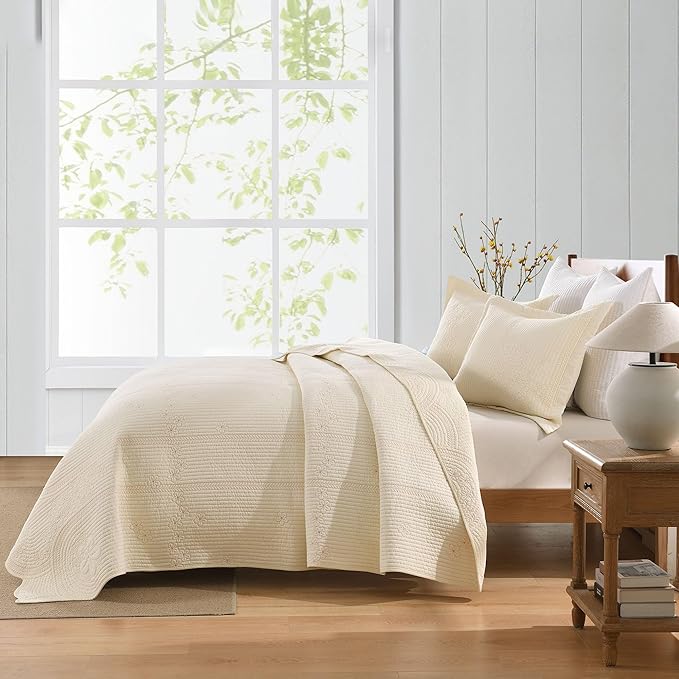 MarCielo 100% Cotton Quilt Set Lightweight Bedspread with Scalloped Edge, Farmhouse Vintage Bedding, All Season Use(Tu Beige,Queen (96"x102"))
