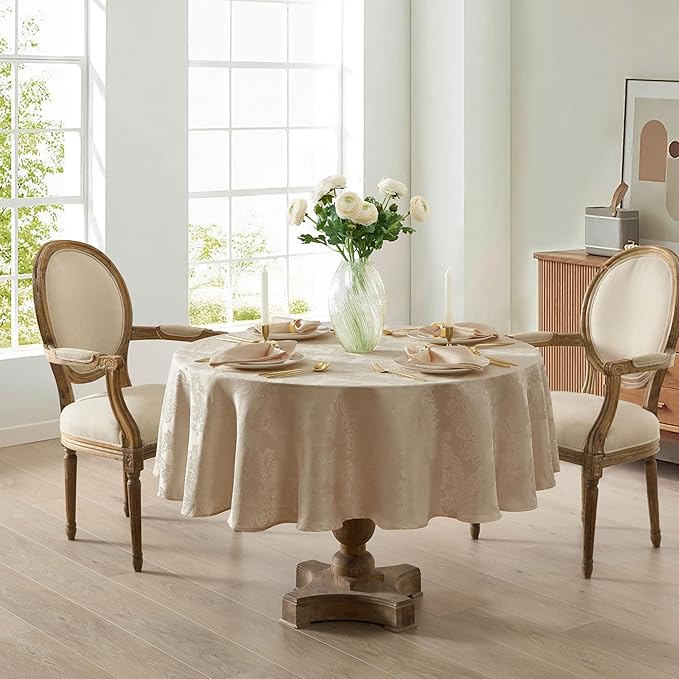 Newbridge Barcelona Luxury Damask Fabric Tablecloth, 90” Round, Golden Beige, 100% Polyester, No Iron, Soil Resistant Dining Room, Party and Banquet Table Cover