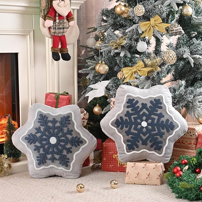 Lanpn Christmas Snowflake Pillows Set of 2, Christmas Decoration Winter Throw Pillows Decorative Throw Cushion for Sofa Living Room Bedroom Xmas Decor (17x17 inch, Grey)