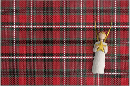 AHHFSMEI Christmas Placemats Set of 6 for Dining Table Washable Woven Vinyl Non-Slip Placemat Heat-Resistant Durable Table Mats for Dining Table Easy to Clean (Red Grid)