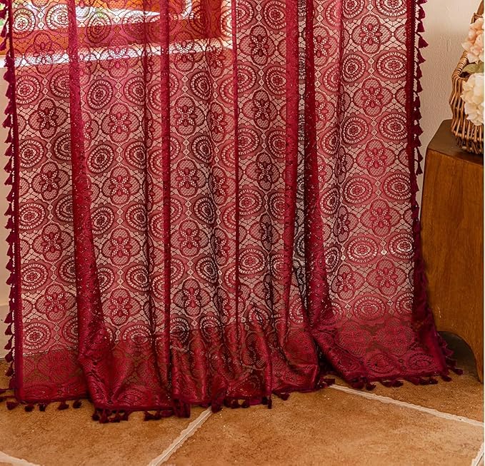 YJ YANJUN Dark Red Christmas Living Room Curtains 90 Inches Long 2 Panels Boho Burgundy Sheer Curtains for Patio Sliding Door Rod Pocket Holiday Wedding Party Christmas Decor 52" W x 90" L Wine