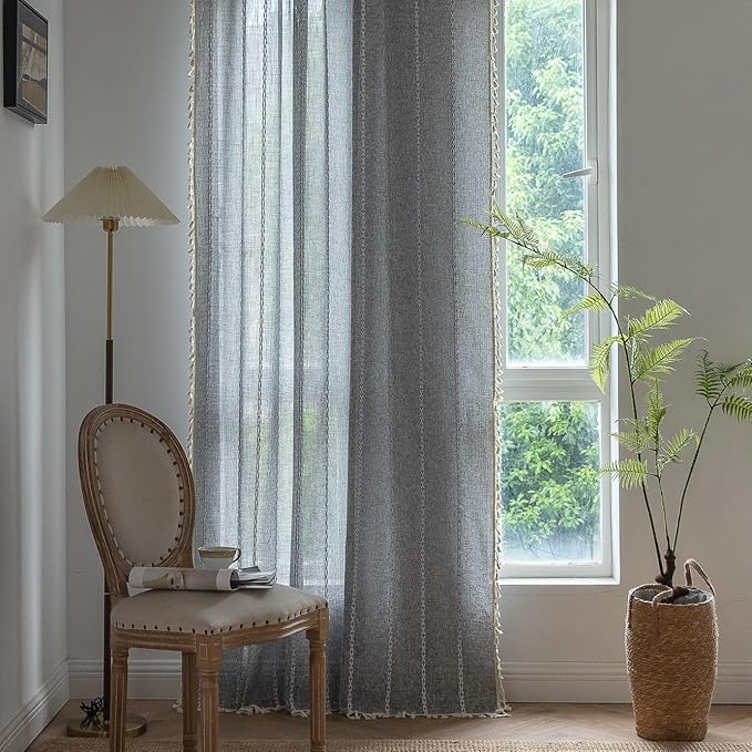 Sutuo Home Boho Curtains for Bedroom Living Room, Semi Blackout Privacy Linen Farmhouse Vintage Tassels Window Treatment Bohemian Embroidery Drape, Rod Pocket 1 Panel 52" W x 90" L, Black Grey