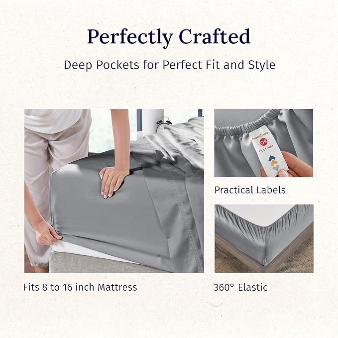 California Design Den Luxury King Size Sheet Set - 100% Cotton, 600 Thread Count Deep Pocket King Sheets, Hotel-Quality Bedding with Sateen Weave - Mist Grey