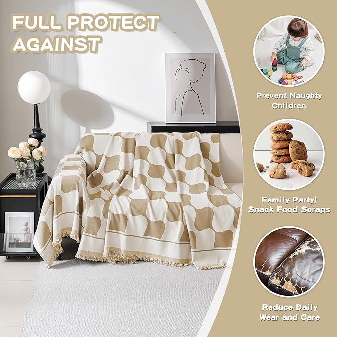 MEETSKY Couch Cover for Dogs Cats,Sofa Covers Washable Furniture Protectors for Pets Universal Couch Cover Thick Durable Sectional Couch Covers for 3 Cushion Couch, 91" x 118", Khaki Checkerboard