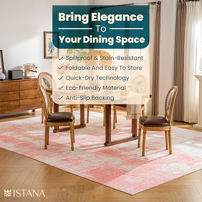 Istana Living Room Rug 10x14 - Pink 10 x 14 Area Rug - Foldable Machine Washable Area Rugs 10x14 - Stylish 10x14 Area Rugs Boho - Stain Resistant Washable Rug 10x14