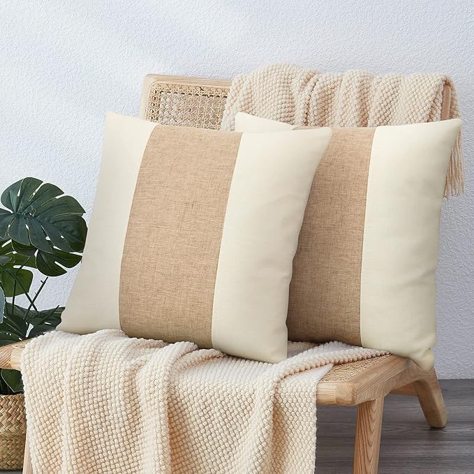 Pyonic Boho Throw Pillows 18X18 Farmhouse Decorative Throw Pillow Covers Stripe Patchwork Linen Cushion Case for Couch Living Room Bedroom Set of 2,Tan and White