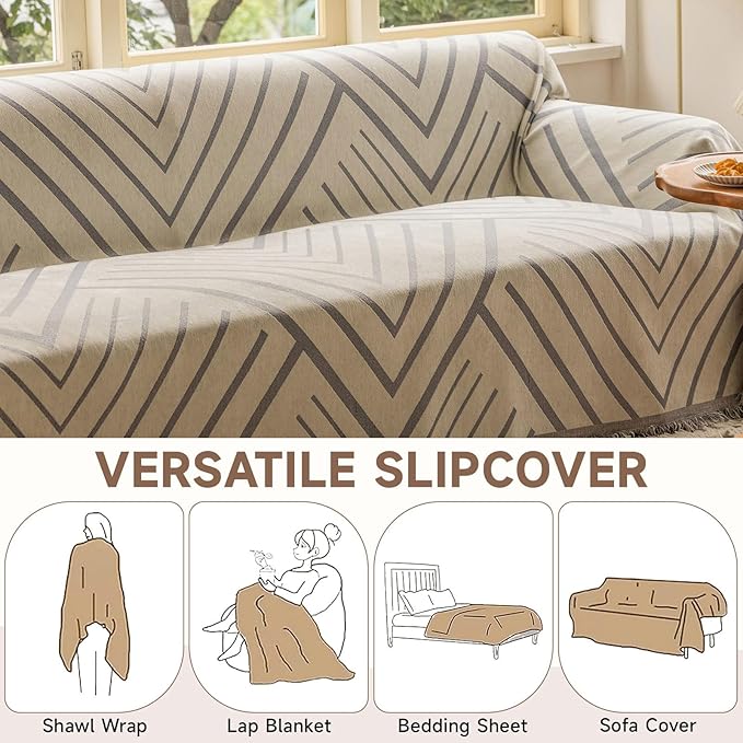 VClife Boho Farmhouse Couch Cover 71''x150'', 1 pc Washable Sofa Covers for 3 Cushion Couch Sofa Kids Soft Chenille Beige Gray Herringbone Home Decor Couch Covers for Bed Sofa Living Room Slipcover