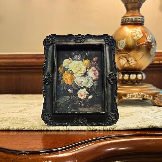 SYLVIA'S SHOP 2.5x3.5 Small Vintage Picture Frame, Mini Antique Black Ornate Photo Frame, for Tabletop and Wall Display, Decorative Floral Design Retro Home Decor, Photo Gallery Art