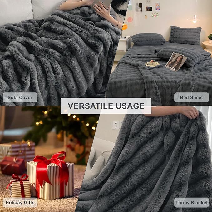 HANDONTIME Faux Fur Plush Sofa Covers for Couch Washable Rabbit Plush Couch Cover Cozy Faux Fur Sectional Covers for Dogs Fluffy Plush L Shaped Sofa Cover Pet Couch Protector, Dark Grey, 71" X134"