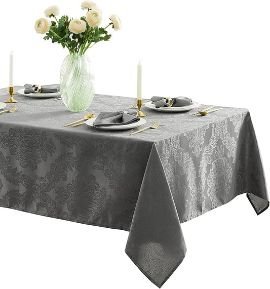 Newbridge Barcelona Damask Fabric Tablecloth, 60 x 84 Inch Rectangle, Grey – No Iron, Soil Resistant Table Cover for Dining, Parties and Holidays