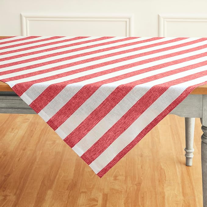 Solino Home Linen Square Tablecloth 52 x 52 Inch - Cabana Stripe, 100% Pure Linen Red and White Table Throw - Machine Washable Tablecloth for Christmas, Holiday, Winter