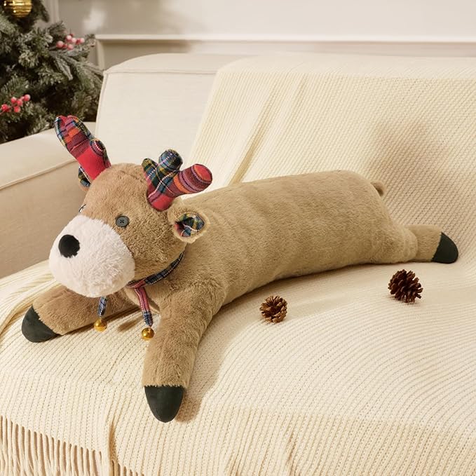 Phantoscope Christmas Animal Series, Reindeer Shaped Throw Pillow with Bell, Faux Rabbit Fur Christmas Body Pillow Decorative Pillows for Couch Sofa Bed, Light Brown Reindeer 30.5 x 9 inches