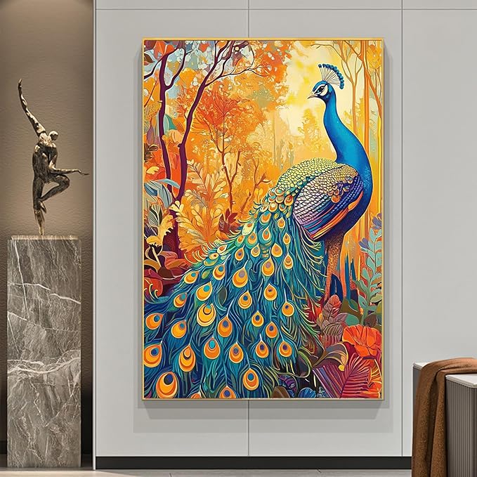 Vintage Peacock Canvas Wall Art Vintage Autumn Poster Prints Blue Animal Painting Vintage Animal Picture Aesthetic Peacock Canvas Prints for Living Room Decor 16x24inch Unframed