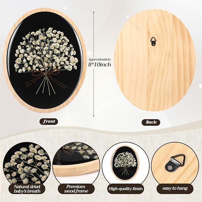 Kathfly Wooden Pressed Flower Wall Decor Resin Natural Baby's Breath Wall Art Framed Dried Flower Artwork with Bow Boho Floral Hanging Decor for Bedroom Living Room Gallery Office(8x10 Inch)