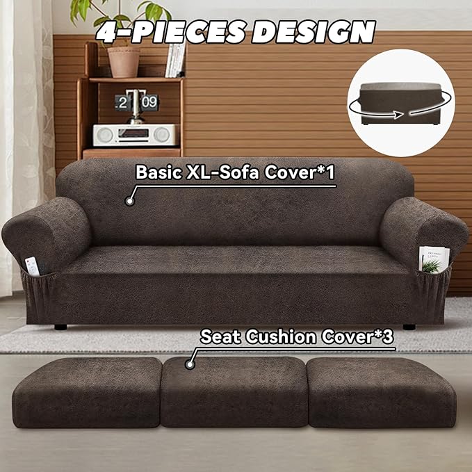 Sofa Slipcover with Armrest Pockets 4-Piece Set, Stretch Faux Leather Extra Large Couch Covers for 3-Cushion Couches(Fits 98-112") - Machine Washable, Pet & Kid Friendly - Light Brown