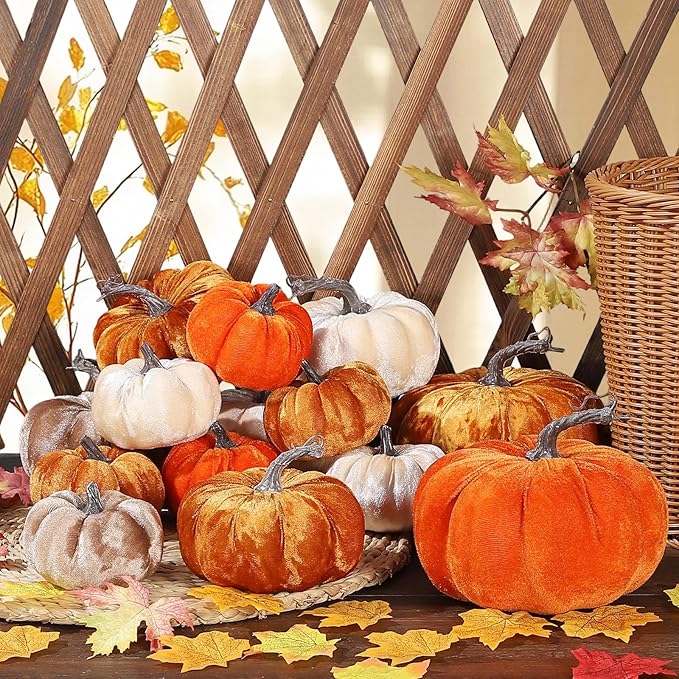 4pcs Velvet Fake Pumpkins Fall Harvest Fabric Foam Pumpkin Thanksgiving Halloween Decor for Table Centerpiece Wedding Farmhouse (4, Orange Gold Coffee Beige, S)