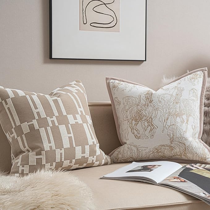 2025 New 20x20'' inches Throw Pillow Cushion Covers - Beige H Letter Chenille Jacquard Embroidery Luxury Modern Style Couch Sofa Bed Pillow Cover for Living Room Bedroom