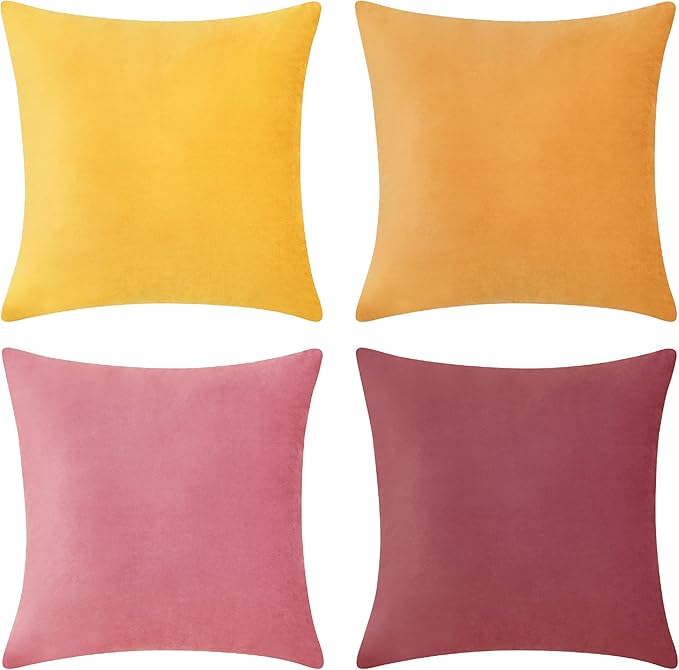 MONDAY MOOSE Decorative Throw Pillow Covers Cushion Cases, Set of 4 Soft Velvet Modern Designs, Mix and Match for Home Decor, Pillow Inserts Not Included (18x18 inch, Yellow/Pink)