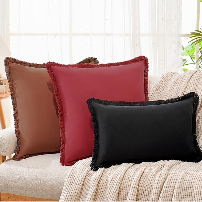 ZWJD Pillow Covers 22x22 Set of 2 Coffee Throw Pillow Covers with Fringe Chic Cotton Decorative Pillows Square Cushion Covers for Sofa Couch Bed Living Room Farmhouse Boho Decor