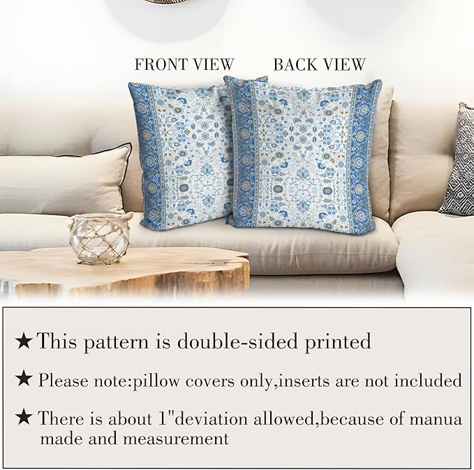 Boho Floral Throw Pillow Covers 16x16 inch Set of 2,Blue Boho Rug Geometric Floral Pattern Decor Double Sided Pattern Cushion Cover Soft Pillow Case Living Sofa Room Bed Square Pillow Cover