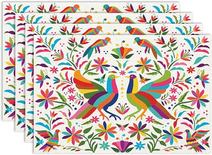 Mexican Placemat Set of 4, 12x18 Inch White Mexico Floral Fiesta Birds Talavera Dia De Los Muertos Day of The Dead Coffee Table Mats for Outdoor Kitchen Dining Table Decoration