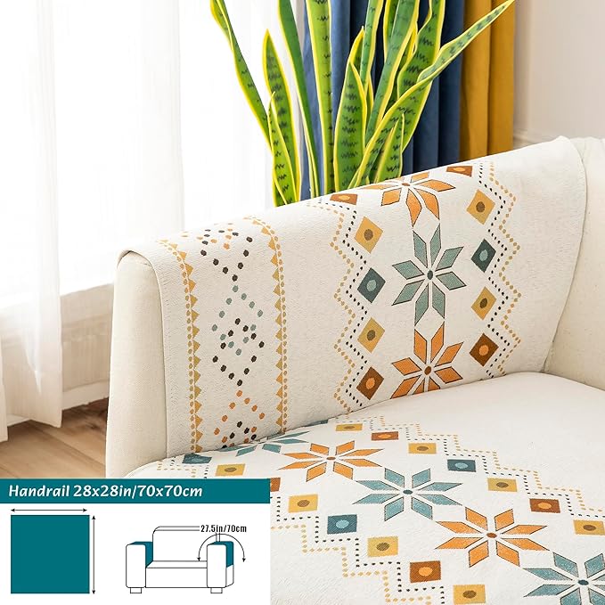 Boho Chenille Couch Covers,Geometric Couch Covers for Sofa,Chenille Couch Cover Non Slip,Sectional l Shaped Sofa Furniture Protector Cover for Home Decor,Off-White_Handrail 28x28in/70x70cm