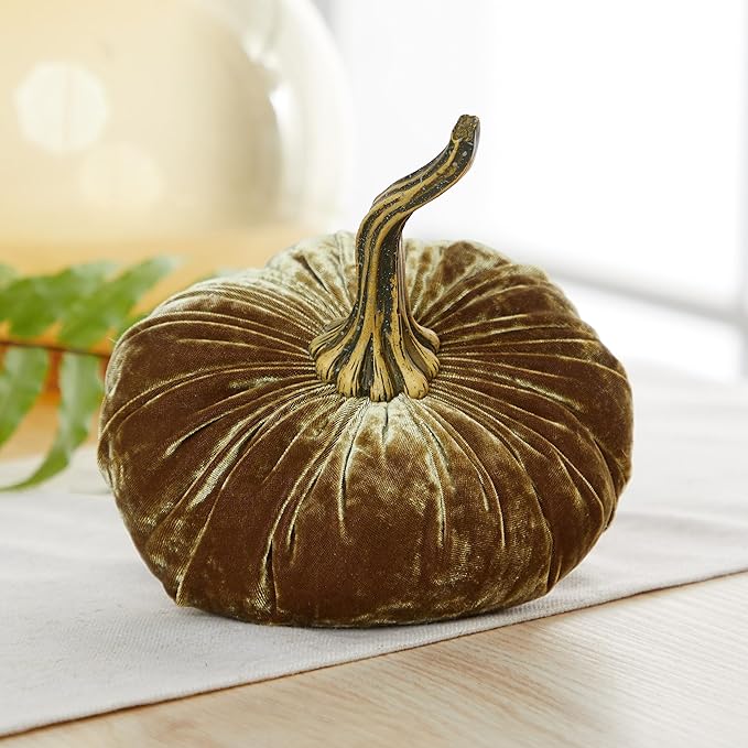 Set of 3 Velvet 6.25 Inch Pumpkins, orange pumpkins, pumpkin spice, elegant luxe accent for table, gift set basket for her, Thanksgiving centerpiece, hygge home (Luxe Brass, Burnt Orange, Gold)