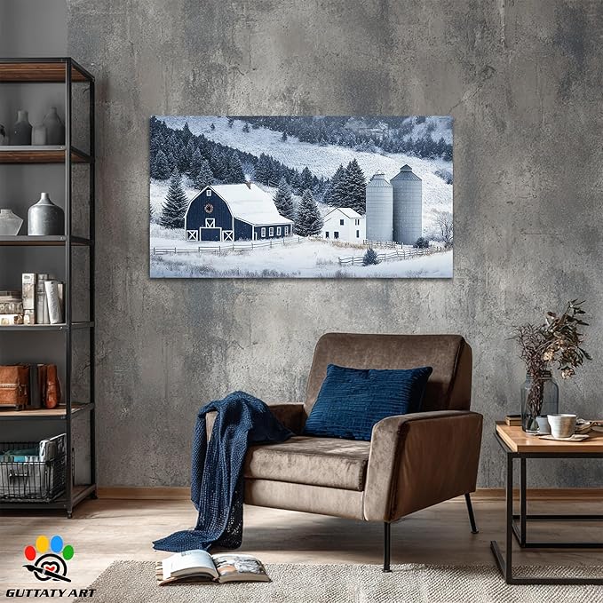GUTTATY Christmas Winter Scene Canvas Wall Art, Barn Snow Farm Landscape Canvas Prints, Holiday Pictures Artwork, Blue White Country Wall Decor Poster for Living Room, Bedroom, Farmhouse, 32x16 Inch