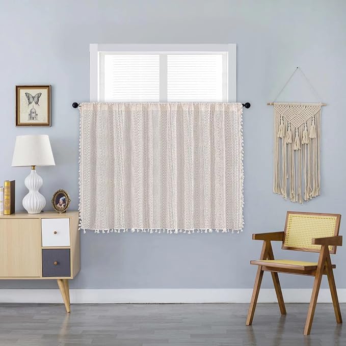 Sutuo Home Beige Boho Lace Short Curtain 36 inch Length for Kitchen Window Curtains Over Sink,Farmhouse Crochet Bohemian Valance Semi Sheer Vintage Chic Handmade Tassels, Rod Pocket,1 Panel 59" W