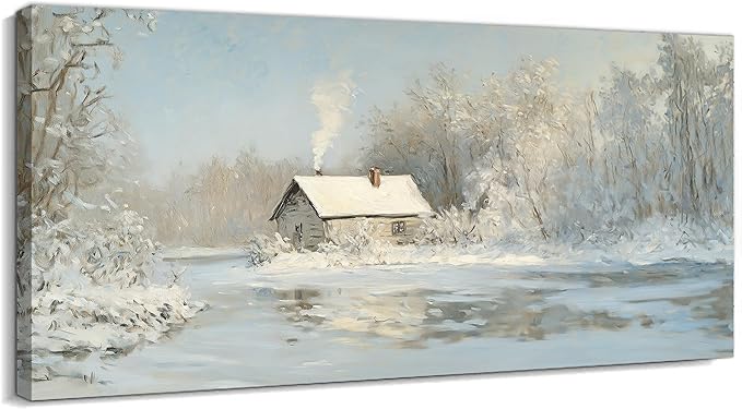 GUTTATY Christmas Winter Scene Canvas Wall Art, Cozy Cabin Snow Landscape Canvas Prints, Tranquil Forest Wall Painting, Serene Winter Pictures Poster for Living Room, Bedroom, Office Decor, 24x12 Inch