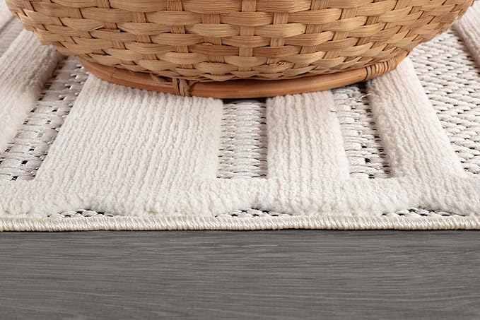 CAMILSON Modern Runner Rug 2x7 Luxury Striped Line Micro Loop Hallway Rugs Soft High-Low Pile Stain Resistant Easy to Clean Non-Shedding Durable Entryway Kitchen Indoor Area Carpet (White)