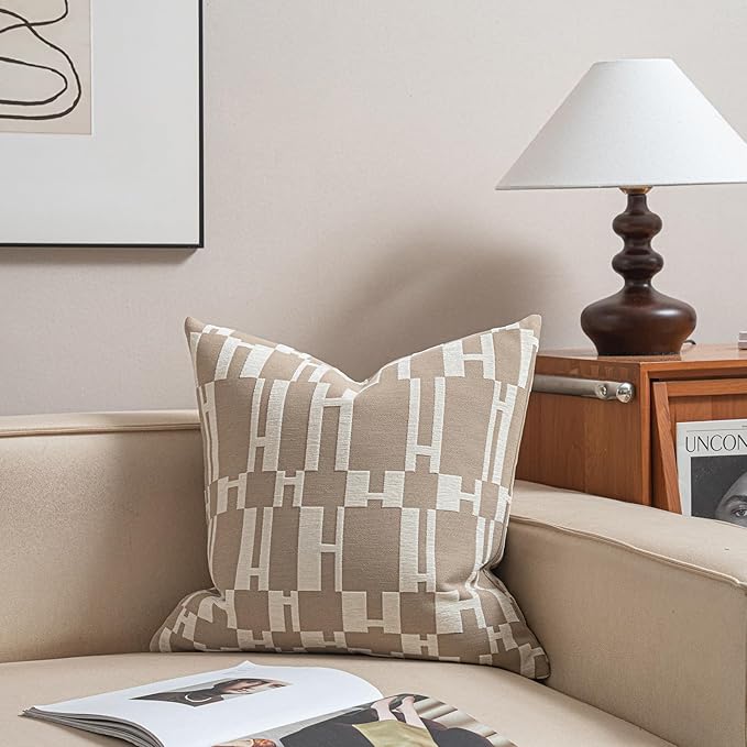 2025 New 18x18'' inches Throw Pillow Cushion Covers - Beige H Letter Chenille Jacquard Embroidery Luxury Modern Style Couch Sofa Bed Pillow Cover for Living Room Bedroom