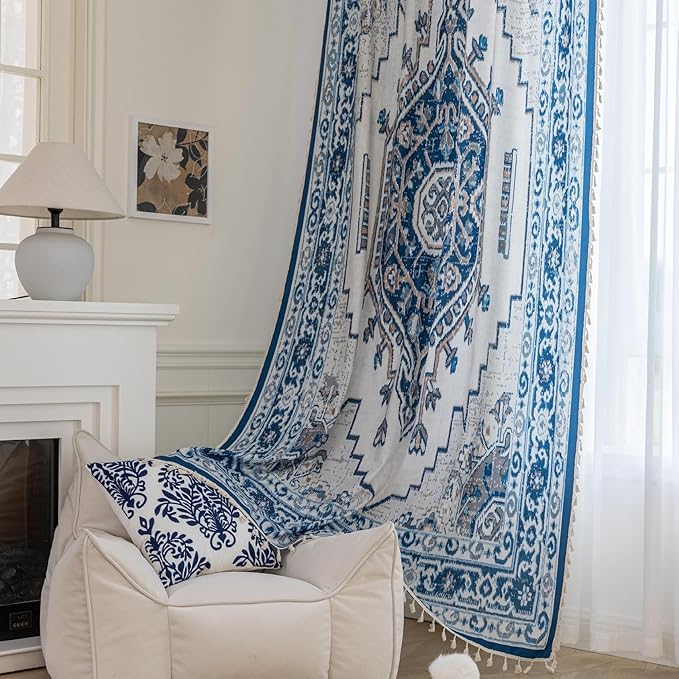 Popular Handicrafts Printed Curtains for Living Room 84 Inches Long Indian Hippie Bohemian Curtains Rod Pocket Light Filtering 2 Panels, Blue/White
