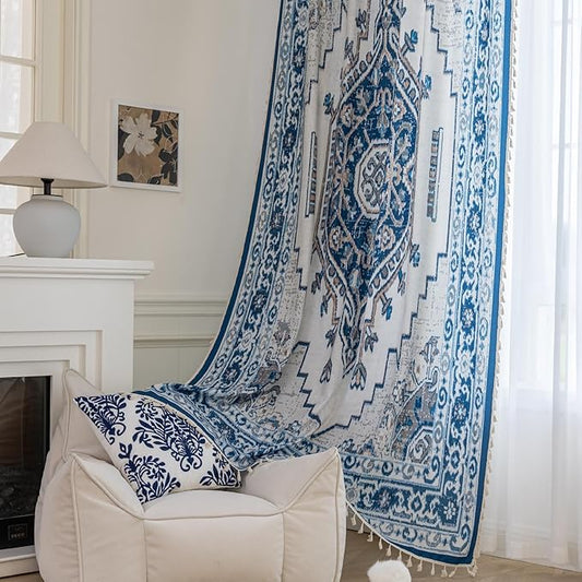 Popular Handicrafts Printed Curtains for Living Room 54 Inches Long Indian Hippie Bohemian Curtains Rod Pocket Light Filtering 2 Panels, Blue/White