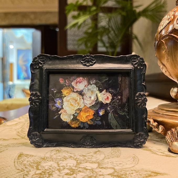 SYLVIA'S SHOP 2.5x3.5 Small Vintage Picture Frame, Mini Antique Black Ornate Photo Frame, for Tabletop and Wall Display, Decorative Floral Design Retro Home Decor, Photo Gallery Art