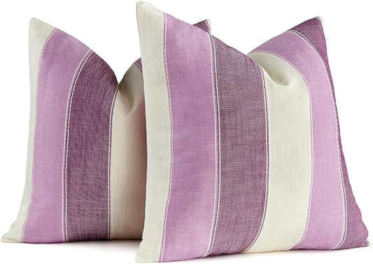AmHoo Pack of 2 Farmhouse Stripe Check Throw Pillow Covers Set Case Cotton Linen Decorative Pillowcases Cushion Cover for Couch Bench Sofa 22x22 Inch Purple