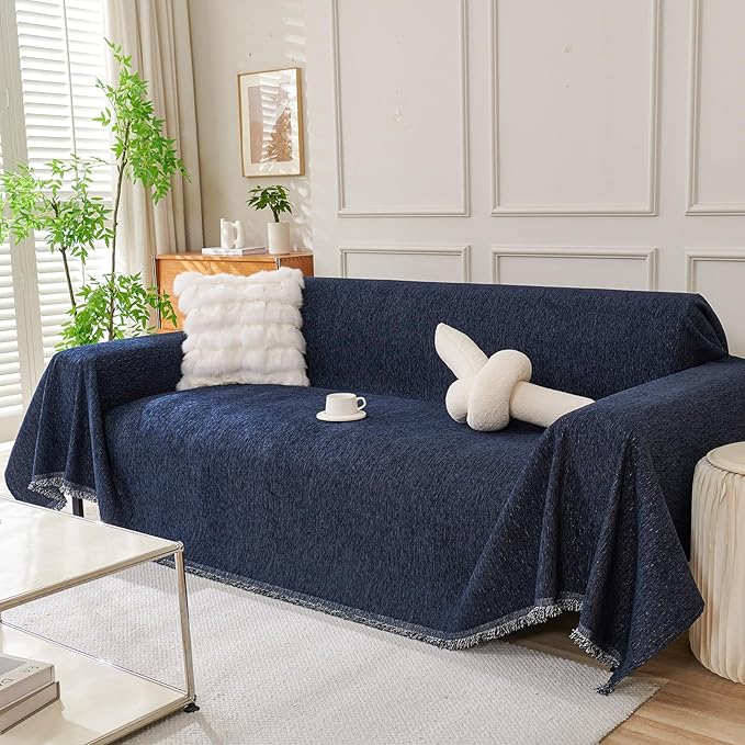 DREAMINGO Sofa Covers Washable Thick Chenille Couch Cover for 3 Cushion Couch Sofa Multi-Use Couch Cover Blanket Modern Pet Furniture Protector Sectional Couch Slipcover 71"x134", Navy Blue