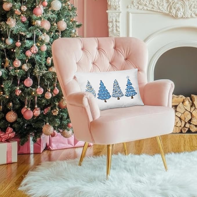 KEUSPI Blue Christmas Decorations,Coastal Christmas Decor Blue Christmas Tree Pillow Covers 12x20,Christmas Decor,Christmas Trees Xmas Pillow Cases Cushion Covers,Blue Christmas Tree Pillow Covers