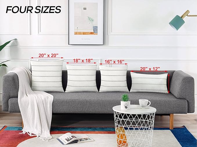 AmHoo Pack of 2 Farmhouse Stripe Check Throw Pillow Covers Set Case Cotton Linen Decorative Pillowcases Cushion Cover for Couch Bench Sofa 12x20Inch Cream