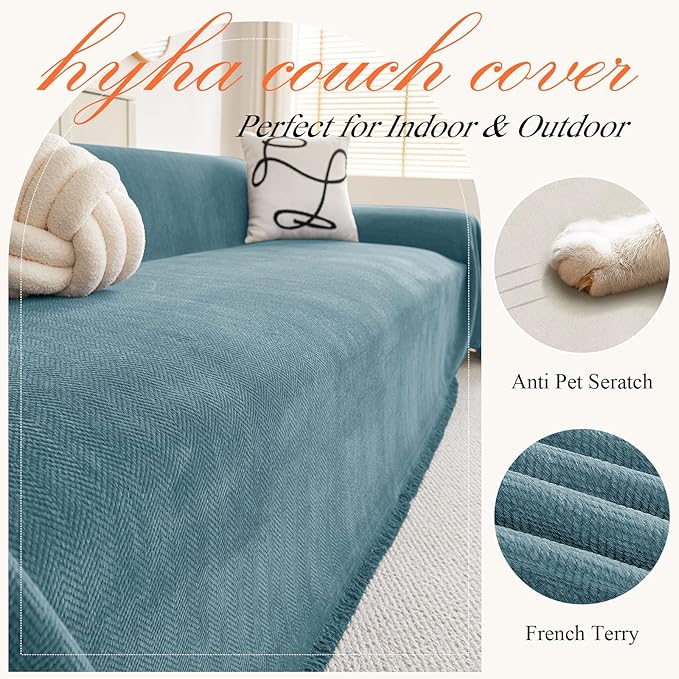 hyha Couch Cover for Dogs, Boho Sofa Covers for 3 Cushion Couch Washable, Chenille Sofa Slipcover for Pets, Soft Loveseat Sectional Couch Throw Blankets with Tassels (Blue, 88.5x118 Inch)