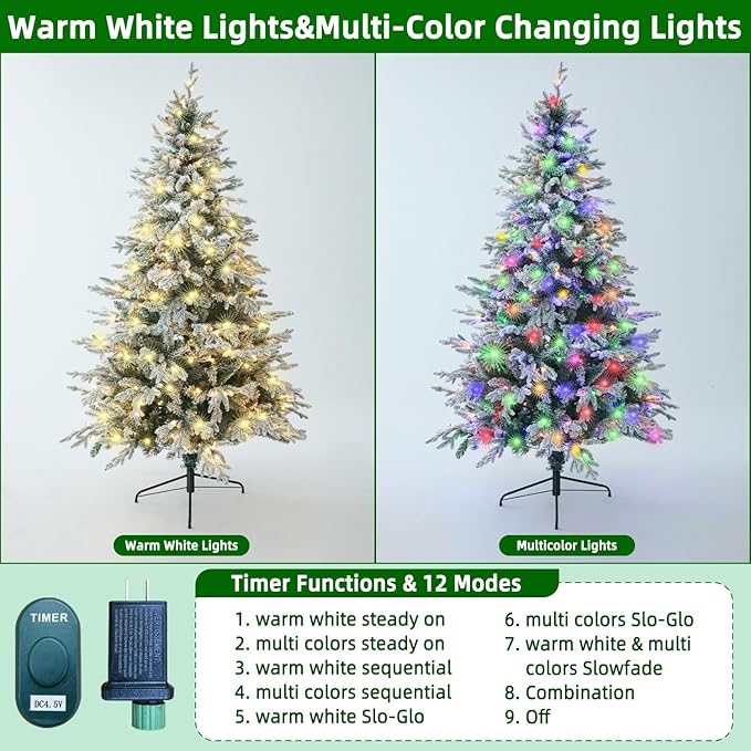 6ft Snow Flocked Prelit Christmas Tree Decorations with 200 Dual-Color LED Lights, Lighted Artificial White Xmas Tree for Indoor Decor,Mantel & Entryway with 1382 Tips, Metal Stand,Plug-in