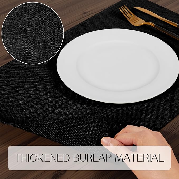 Romanstile Cloth Placemats Set of 6-12 x 18 Inch, Heat Resistant Double Layered Thickened Burlap Place Mats, Washable Faux Linen Farmhouse Table Mats for Kitchen/Dining/Party/Outdoor, Black