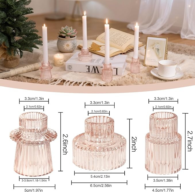 WELLIFE Pink Candlestick Holders, 6 Pcs Glass Candle Holder,Taper Candle Holder for Table Centerpieces Home Bedroom, Valentine's Day Decoration