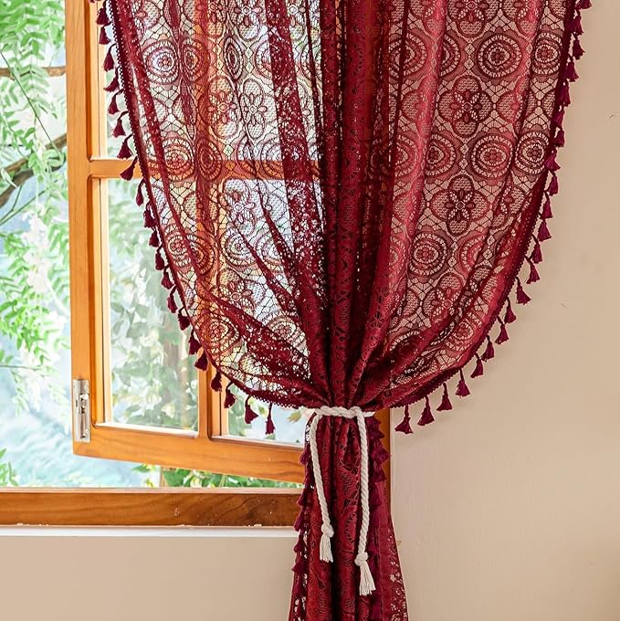 YJ YANJUN Burgundy Sheer Curtains 108 inches Long Set of 2 Vintage Maroon Lace Crochet Curtains for High Ceiling Living Room Rod Pocket Farmhouse Winter Christmas Window Decor 52" W x 108" L Dark Red