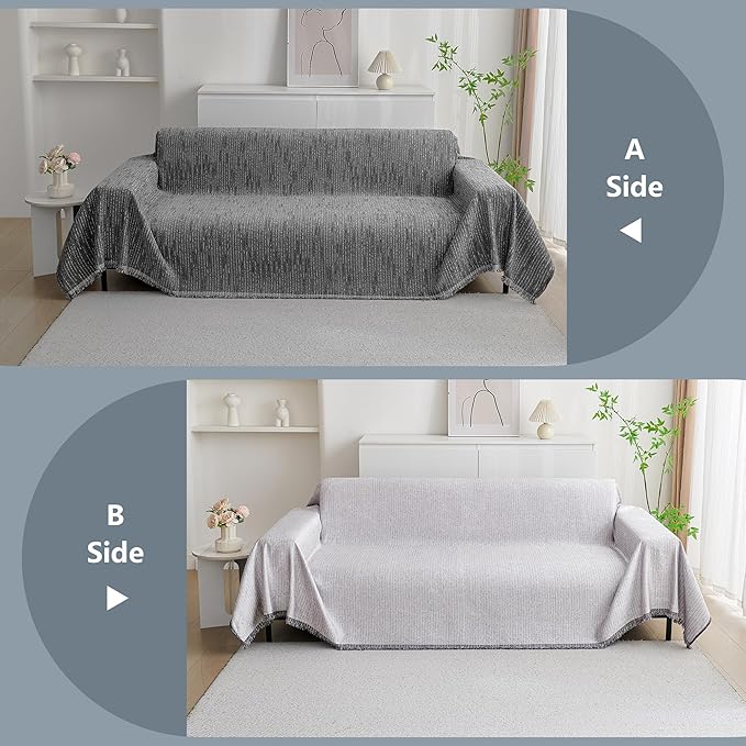MYSKY HOME Sectional Couch Cover, Dark Grey Lines Sofa Covers for Sectional Sofa L Shape Chenille Couch Protector for Dogs Pets Couch Throw Cover Washable Durable for Home Decor, 71" X118"